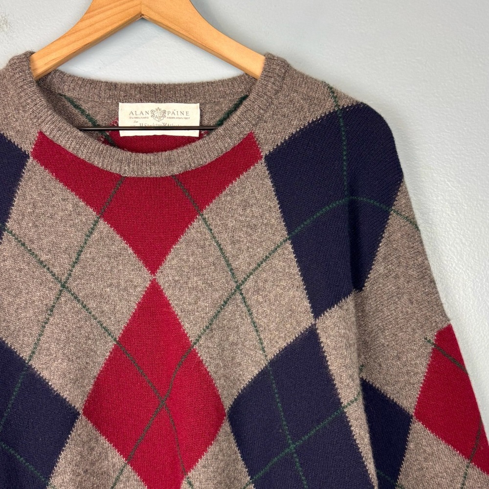 Alan Paine Mens XL EU (54) Gray Argyle Cashmere Crewneck Pullover Sweater Jumper